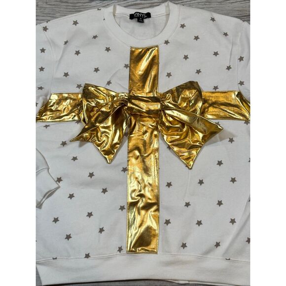 Vinyl ladies gold bow Christmas sweater sweatshirt with Santa hat size M - Picture 3 of 9